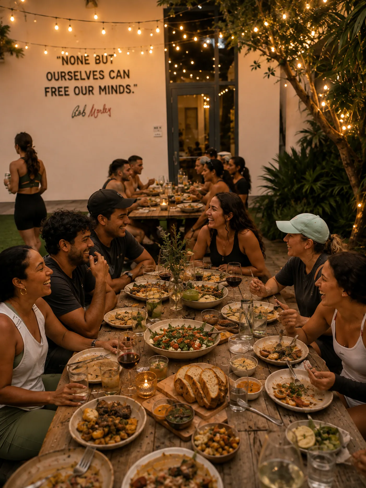 Cena comunitaria en una mesa larga bajo luces colgantes