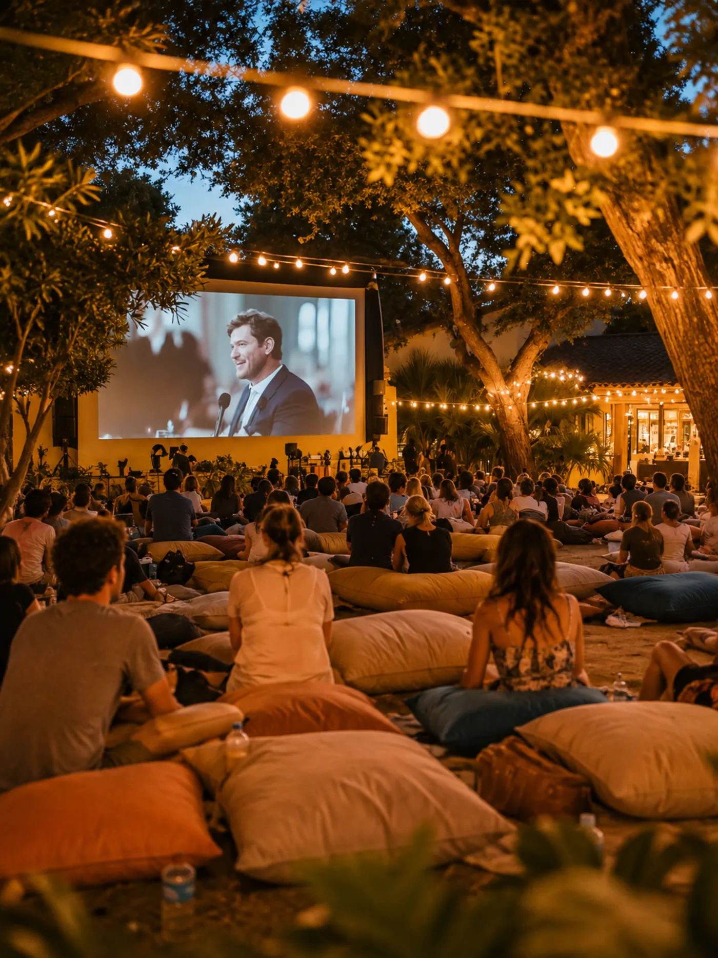 Cine al aire libre, con la gente sentada en cojines frente a la pantalla