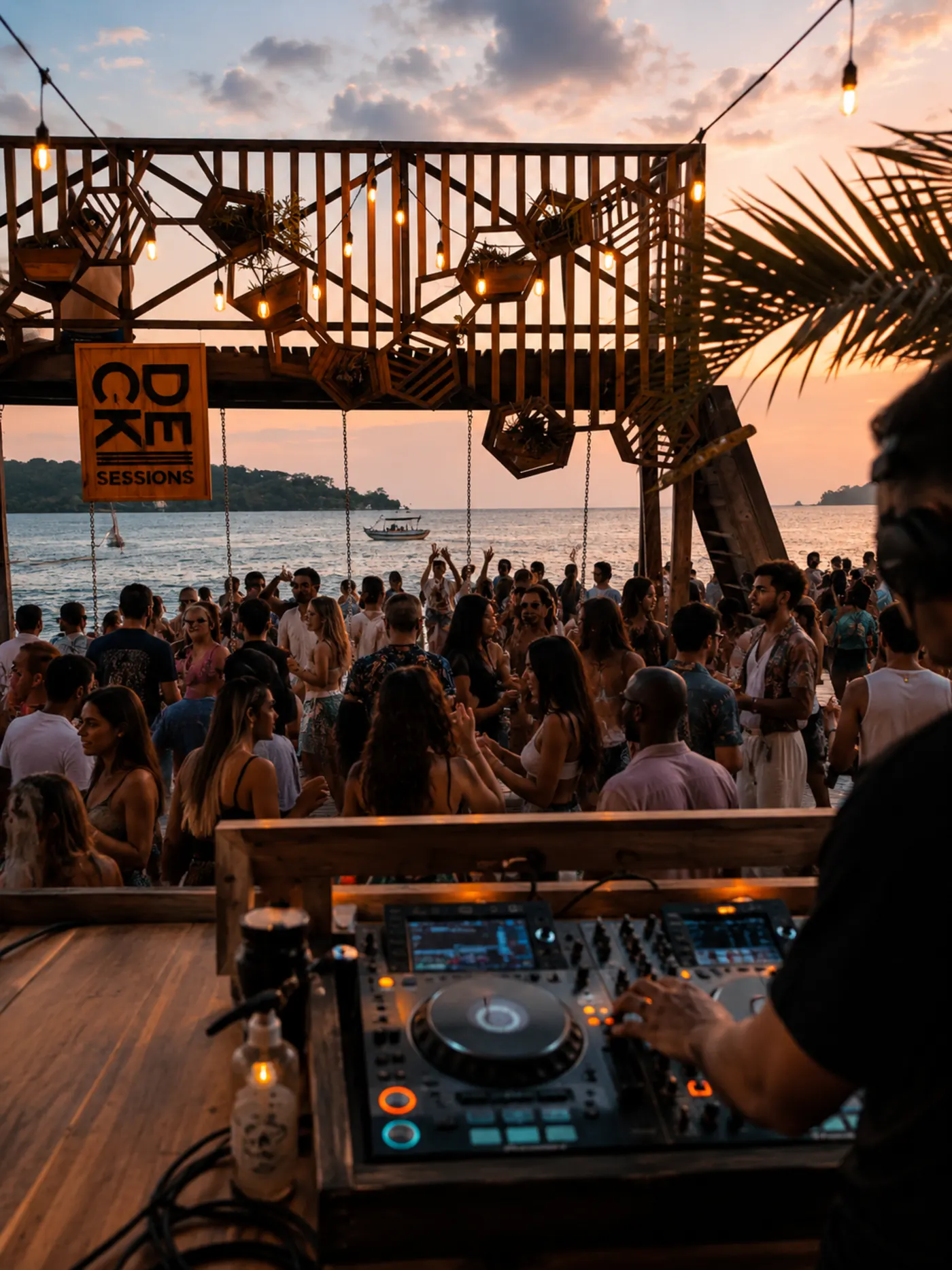 Sesión de música al atardecer frente al mar, con la comunidad reunida